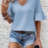 Beau Blue Ruffled Half Sleeve V Neck Textured Top