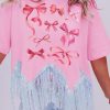 Pink Sweet Bowknot Graphic Fringed Hem T-shirt