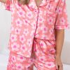 Pink Flower Print Short Sleeve Shirt Pajamas Set