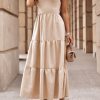 Oatmeal Crossover Backless Bodice Tiered Maxi Dress