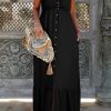 Chic High Waist Smocked Front Slit Maxi Dress In Black