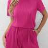 Bright Pink Casual Pleated Short Two-piece Set