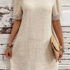 Chic And Alluring Short Sleeve Beige Shift Dress With Lace Trim