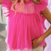 Strawberry Pink Tulle Ruffle Sleeve Flared Babydoll Blouse