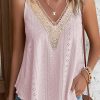 Apricot Pink Lace Crochet Splicing V Neck Loose Fit Tank Top