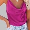 Rose Red Cowl Neck Spaghetti Strap Criss Cross Satin Tank Top