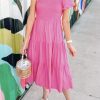 Strawberry Pink Asymmetric Puff Sleeve Smocked Bodice Tiered Midi Dress