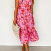 Pink Tie Shoulder Straps Tiered Floral Dress