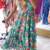 Elegant Square Neckline Green Floral Maxi Dress With Ruffled Straps