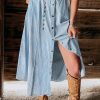 Mist Blue Fully Buttoned Long Denim Skirt