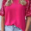 Rose Red Contrast Sequin Puff Sleeve T Shirt