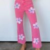 Pink Flower Patterns Raw Hem Flare Jeans