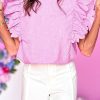 Bright Pink Solid Color Scalloped Ruffle Sleeve Top