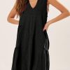 Black Split V Neck Tiered Flowy Sleeveless Dress