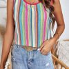 Rose Stripe Rainbow Eyelet Knit Button Decor Tank Top