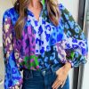 Sky Blue Leopard Patchwork Print Pleated Blouse