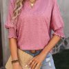 Rose Tan Smocked Puff Sleeve Notched Neck T Shirt