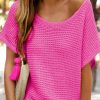 Pink Solid Loose Knit Short Dolman Sleeve Sweater