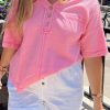 Pink Plus Size Waffle Knit Exposed Seam V Neck Henley T-shirt