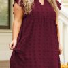 Burgundy Plus Size Swiss Dot Ruffled Sleeve V Neck Dress