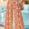 Orange Boho Retro Flower Print Wide Leg Pants