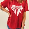 Red Cute Bow Knot Print Crew Neck T Shirt