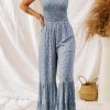 Dusk Blue Thin Straps Smocked Bodice Wide Leg Floral Jumpsuit