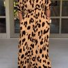 Khaki Leopard V Neck High Waist Buttoned Plus Maxi Dress