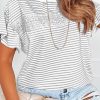 Light Grey Striped Lace Splicing Ruffle Sleeve T-shirt