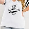 White Leopard Bolt Mama Varsity Striped Sleeve Plus V Neck Tee