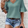 Grass Green Ruffled Half Sleeve V Neck Textured Top