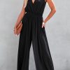 Black Deep V Pleated Crisscross Wide Leg Backless Jumpsuit