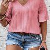 Peach Blossom Ruffled Half Sleeve V Neck Textured Plus Top