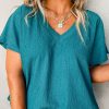 Blue Sapphire Textured V Neck Bubble Hem Plus Top