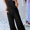 Black Crinkled U Neck Tank Top And Wide Leg Pants Set