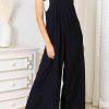 Black Buttoned Straps Crinkled Wide Leg Pocketed Overalls