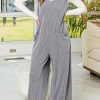 Casual V-Neck Jumpsuit: Textured Corded Fabric With Wide Leg Design