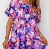 Purple Flower Print Short Puff Sleeve Ruffled Dress