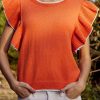 Russet Orange Contrast Trim Ruffle Sleeve Knitted Top