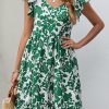 Dark Green Leaf Print V Neck Flutter Sleeve Dress