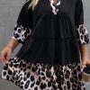 Black Leopard Patchwork Split Neck Ruffle Curvy Dress