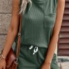 Mist Green Waffle Knit Patched Pocket Tank And Drawstring Shorts Set