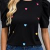 Pink Heart Shape Print Short Puff Sleeve Top