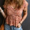 Gold Flame Floral Drawstring Ruched Smocked Peplum Blouse