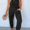 Black Plus Smocked High Waist Sleeveless V Neck Jumpsuit