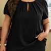 Black Keyhole Pleated Crew Neck Plus Size T Shirt