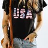 Black Sequined American Flag USA Graphic Ruffled Sleeve Tee