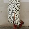 Beige Leopard Spots Printed Split Hem Midi Skirt