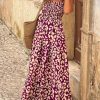 Rose Leopard Ruffle Straps Smocked High Waist Long Dress