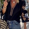 Black Bohemian Floral Embroidered V Neck Blouse